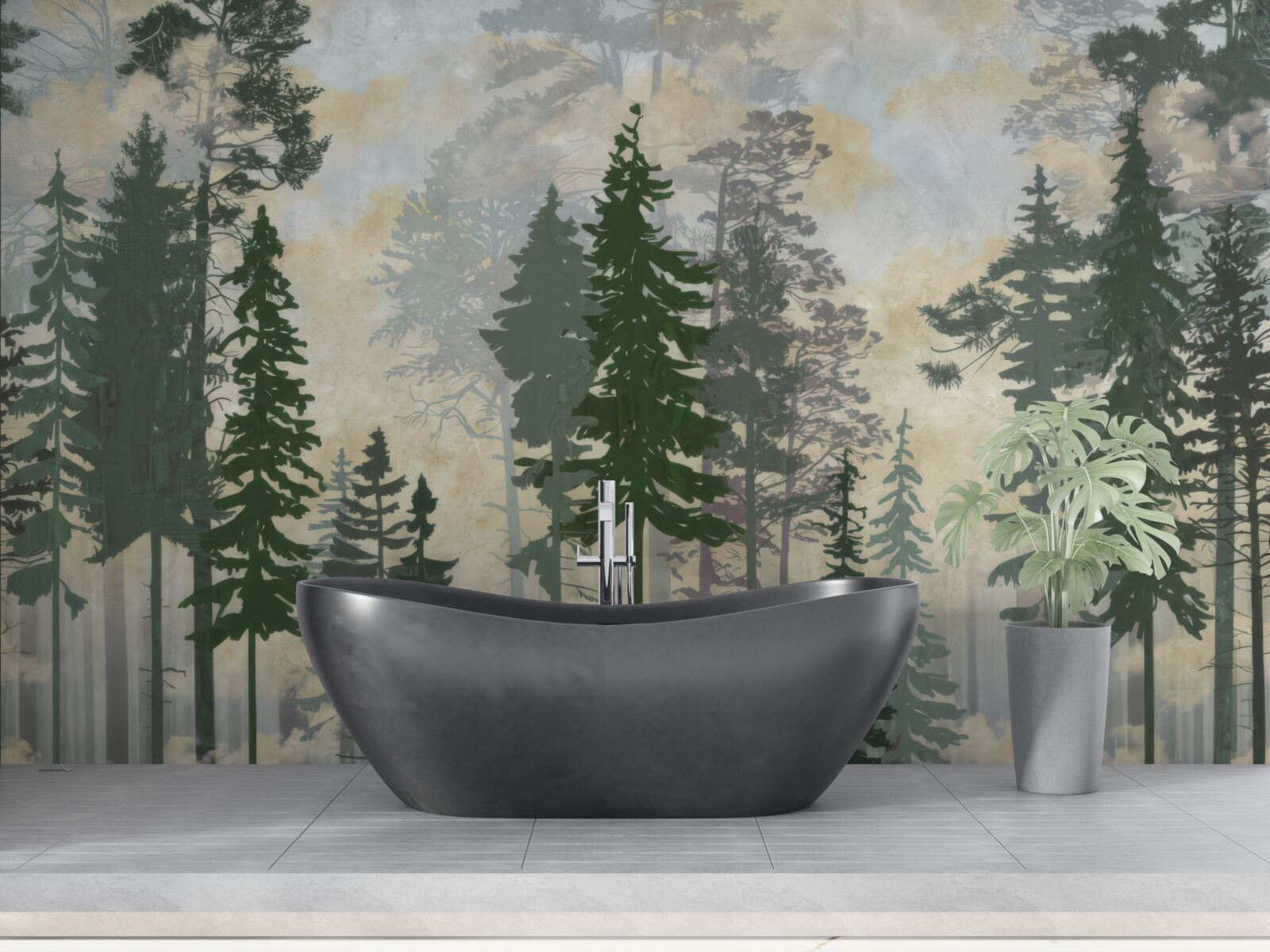 Papier peint forêt brumeuse entourée d'arbres