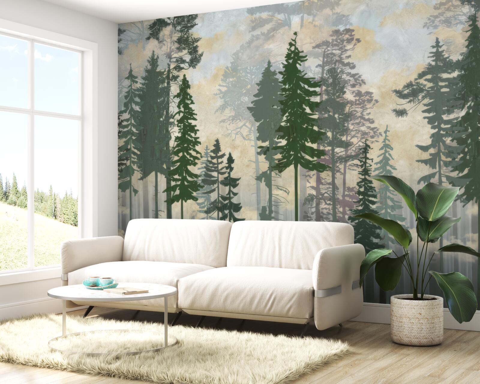 Papier peint forêt brumeuse entourée d'arbres