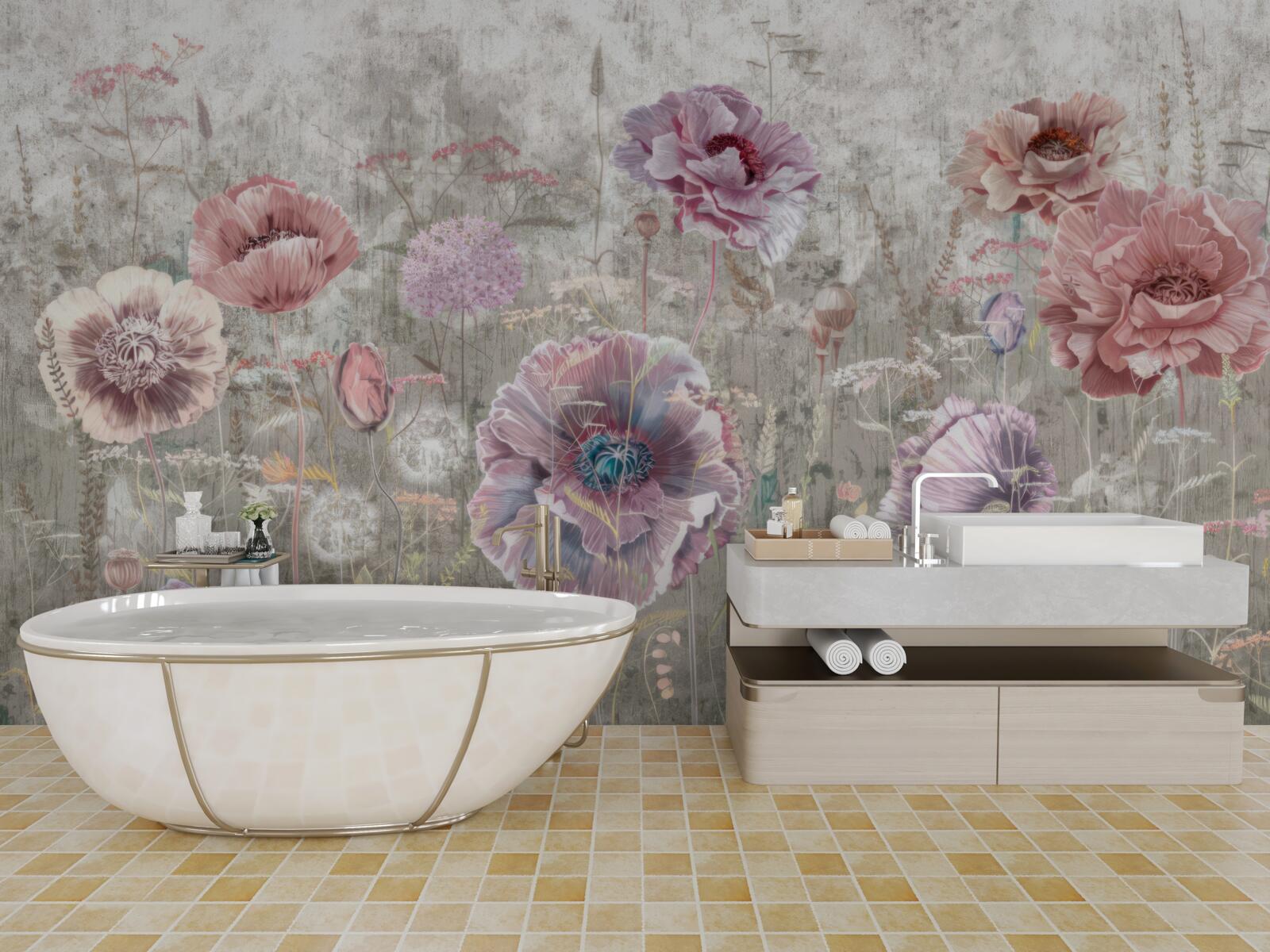 Papier peint des coquelicots de toutes les couleurs dans la prairie