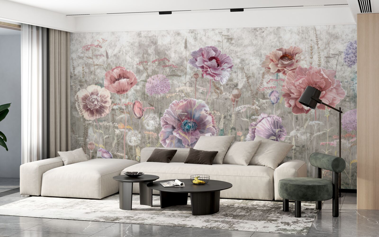 Papier peint des coquelicots de toutes les couleurs dans la prairie