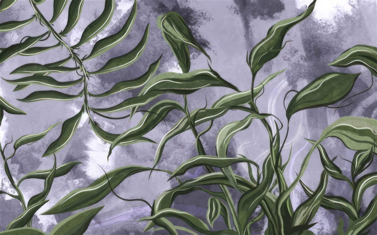 Papier peint il y a des feuilles de fougères vertes sous l'eau