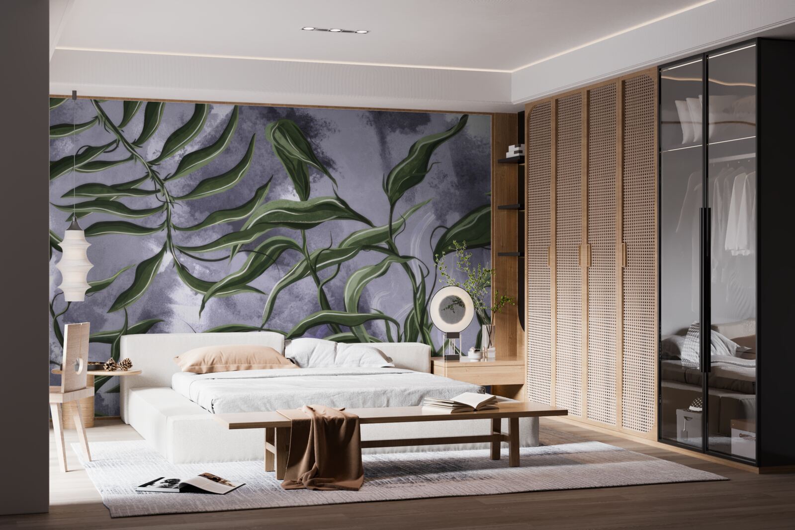 Papier peint il y a des feuilles de fougères vertes sous l'eau