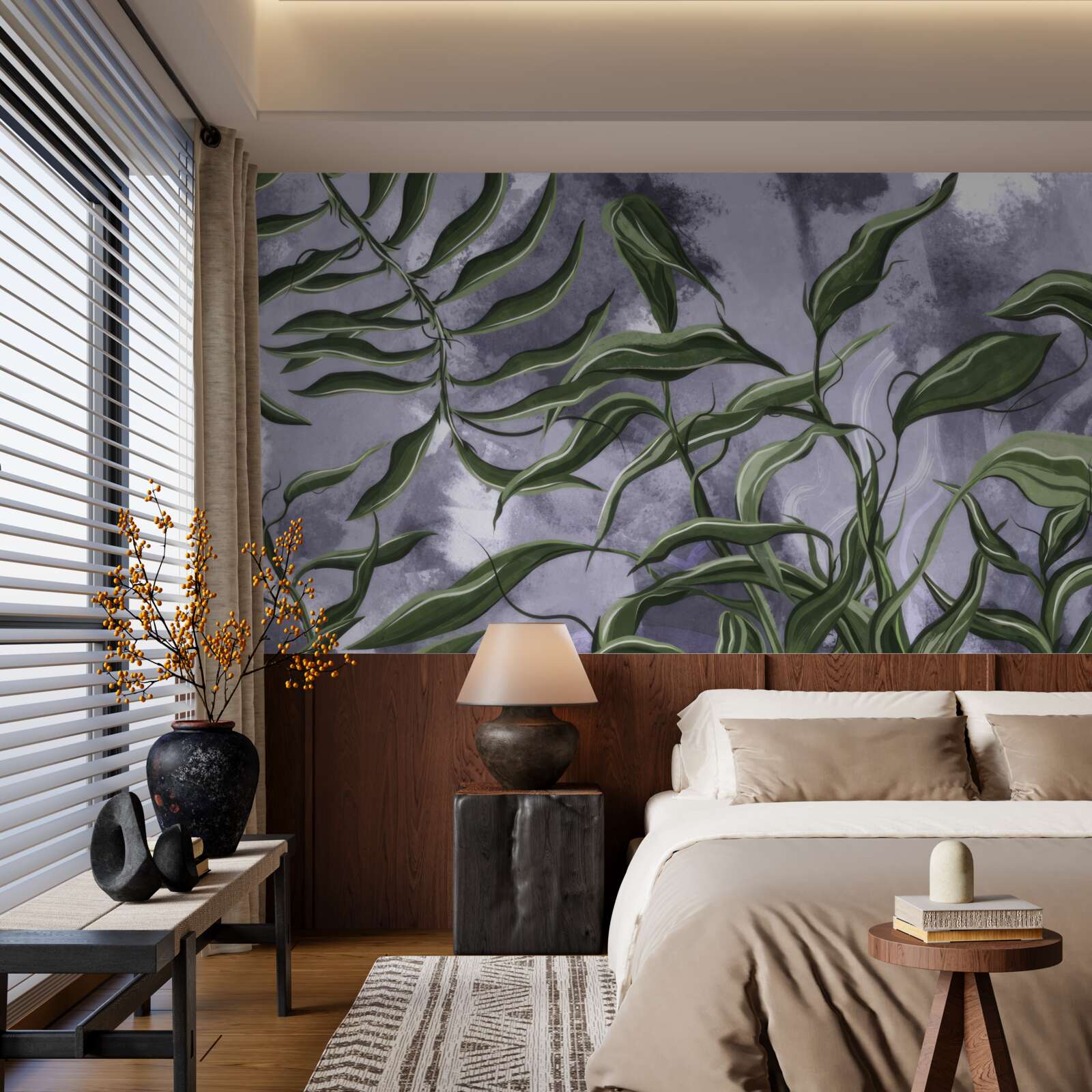 Papier peint il y a des feuilles de fougères vertes sous l'eau