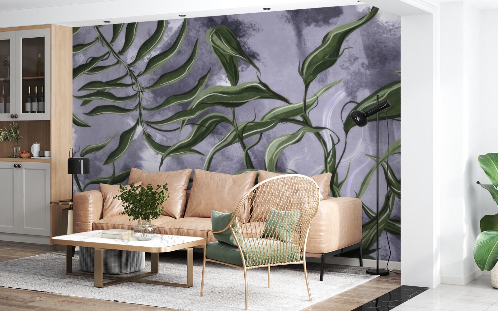 Papier peint il y a des feuilles de fougères vertes sous l'eau