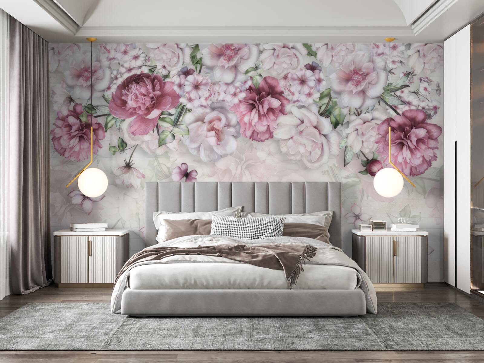 Papier peint des pivoines en fleurs dans une riche teinte lilas