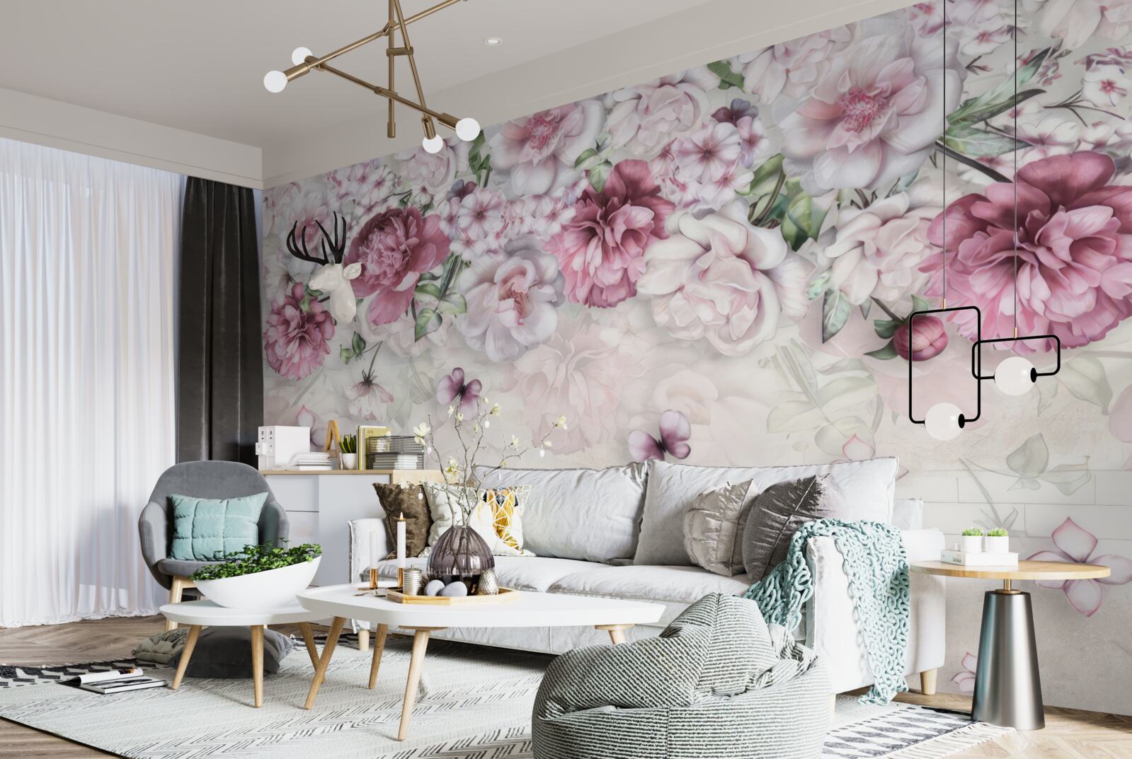 Papier peint des pivoines en fleurs dans une riche teinte lilas