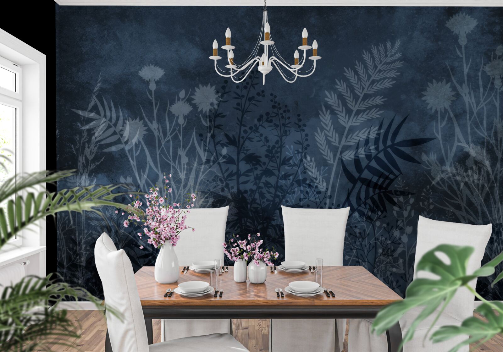 Papier peint la lune nocturne éclaire la prairie et les plantes