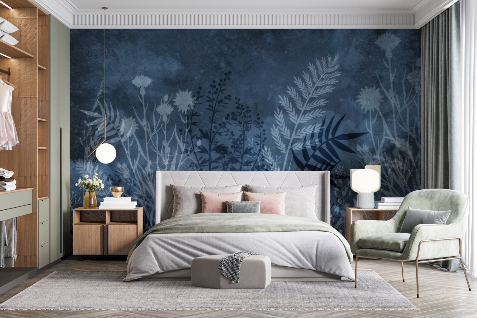 Papier peint la lune nocturne éclaire la prairie et les plantes