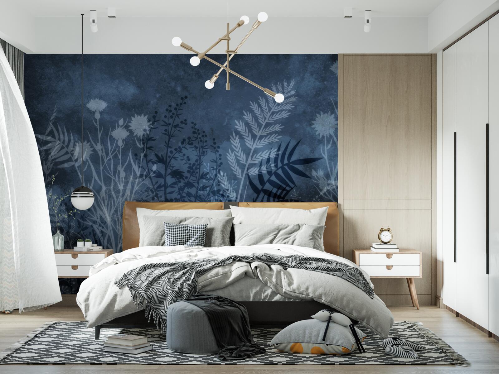 Papier peint la lune nocturne éclaire la prairie et les plantes