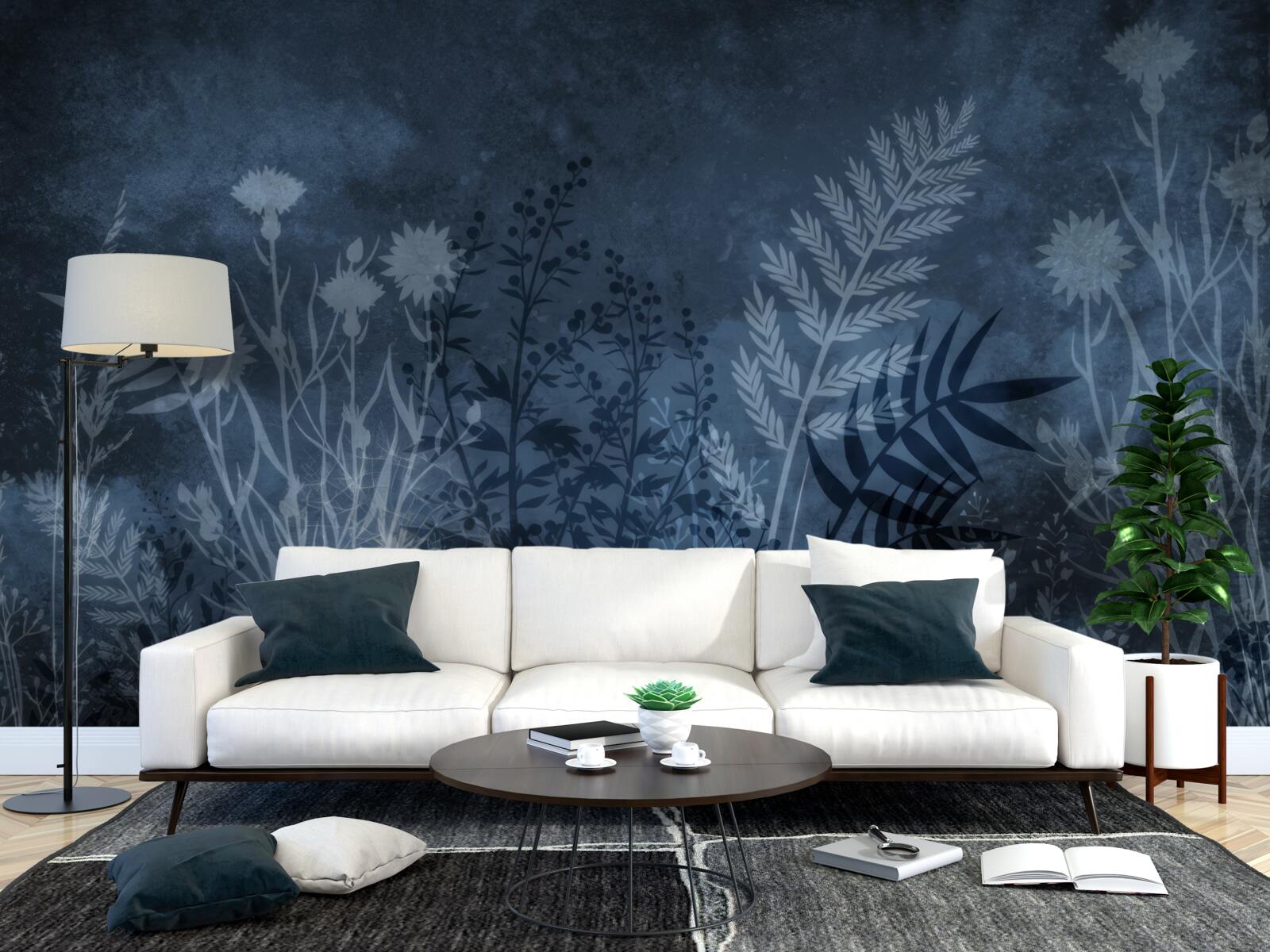 Papier peint la lune nocturne éclaire la prairie et les plantes