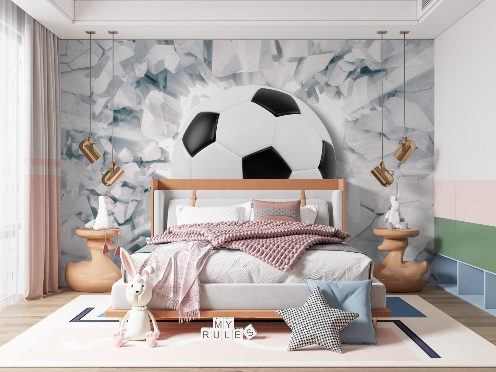 Papier peint scène abstraite : un ballon de football frappe un mur