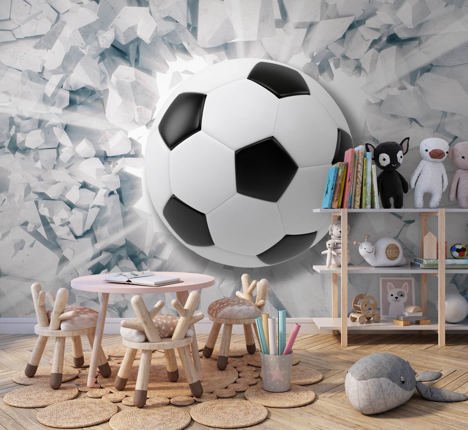Papier peint scène abstraite : un ballon de football frappe un mur