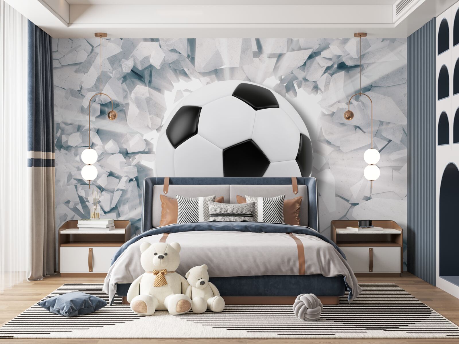 Papier peint scène abstraite : un ballon de football frappe un mur