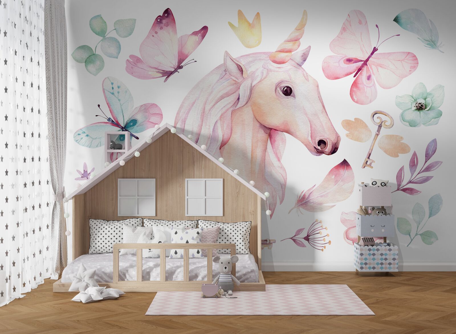 Papier peint licorne entourée de papillons et de clés
