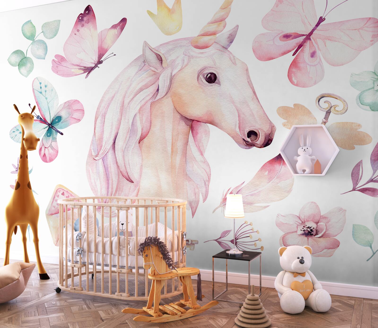 Papier peint licorne entourée de papillons et de clés