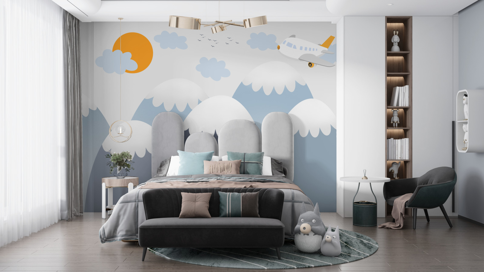 Papier peint un avion se dirige vers le soleil au-dessus des sommets des montagnes