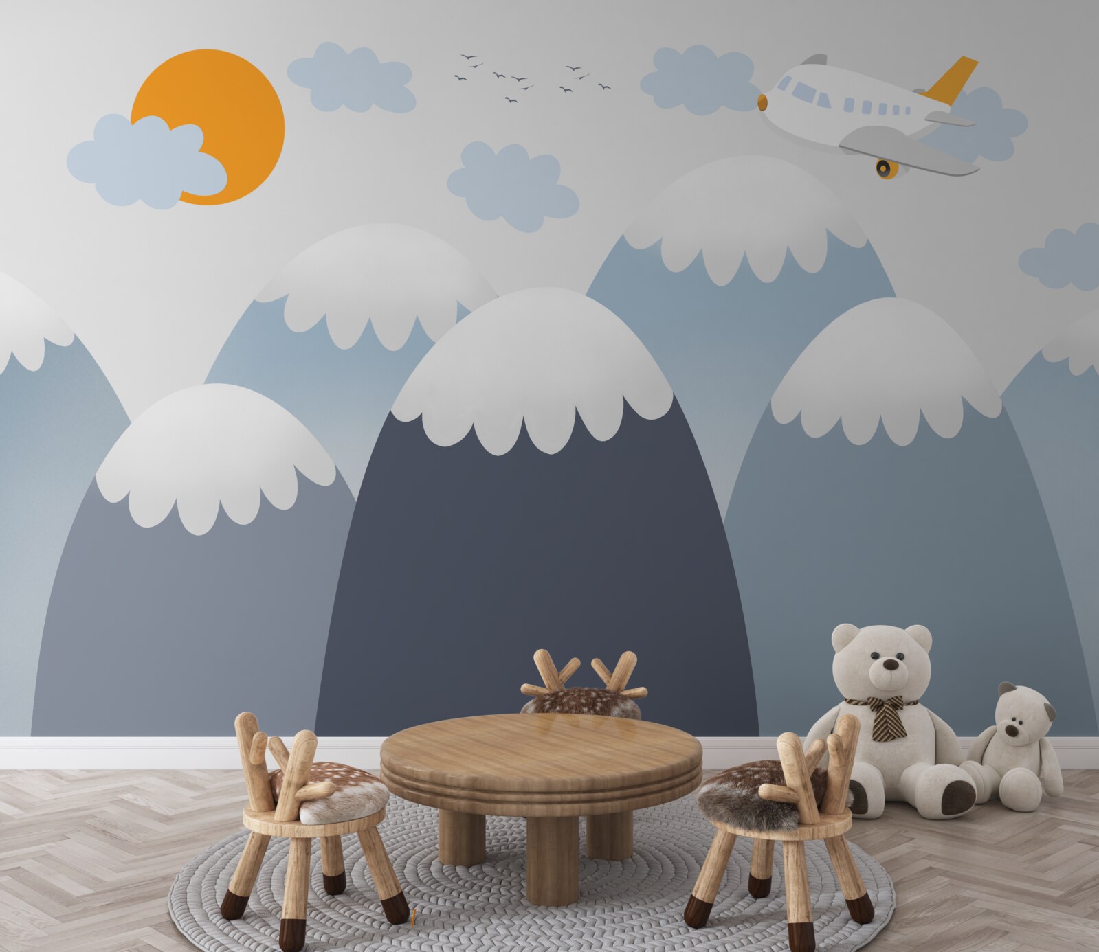 Papier peint un avion se dirige vers le soleil au-dessus des sommets des montagnes