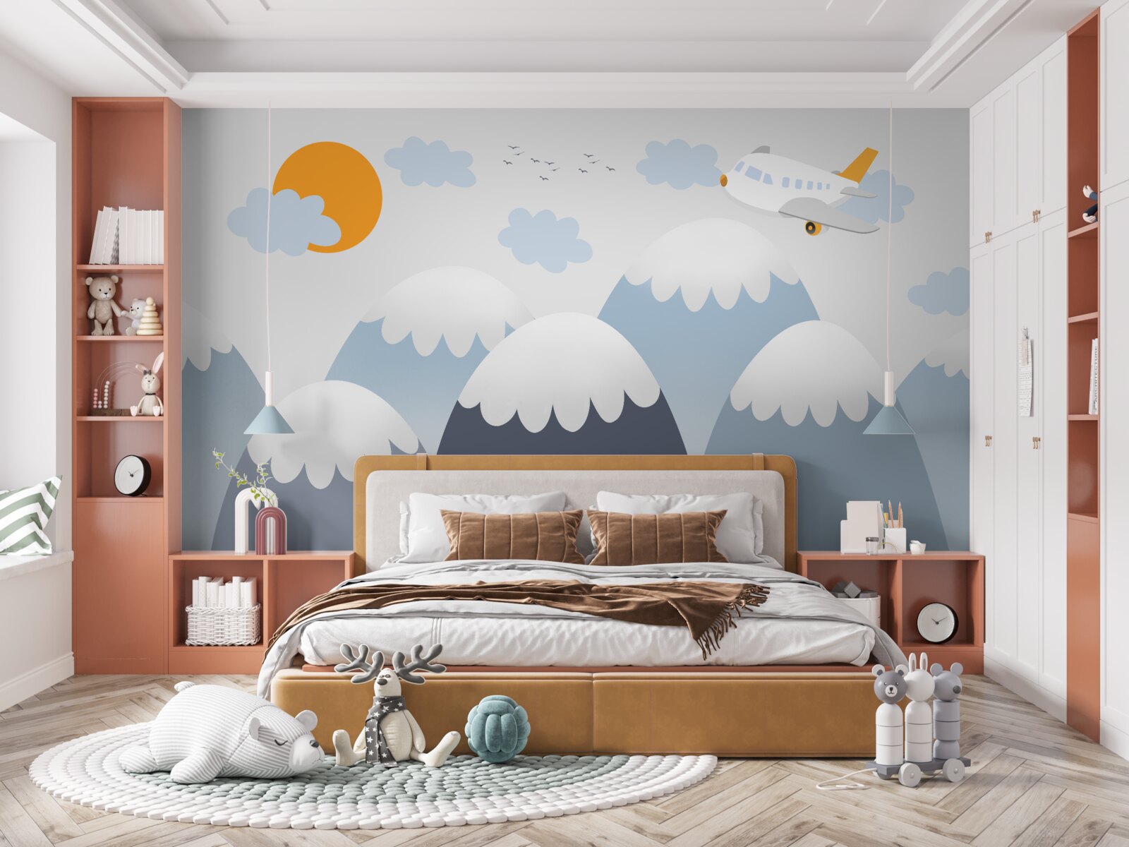 Papier peint un avion se dirige vers le soleil au-dessus des sommets des montagnes