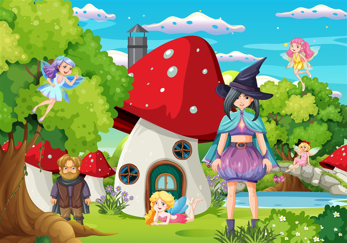 Papier peint habitants d'une maison de conte de fées en forme de champignon