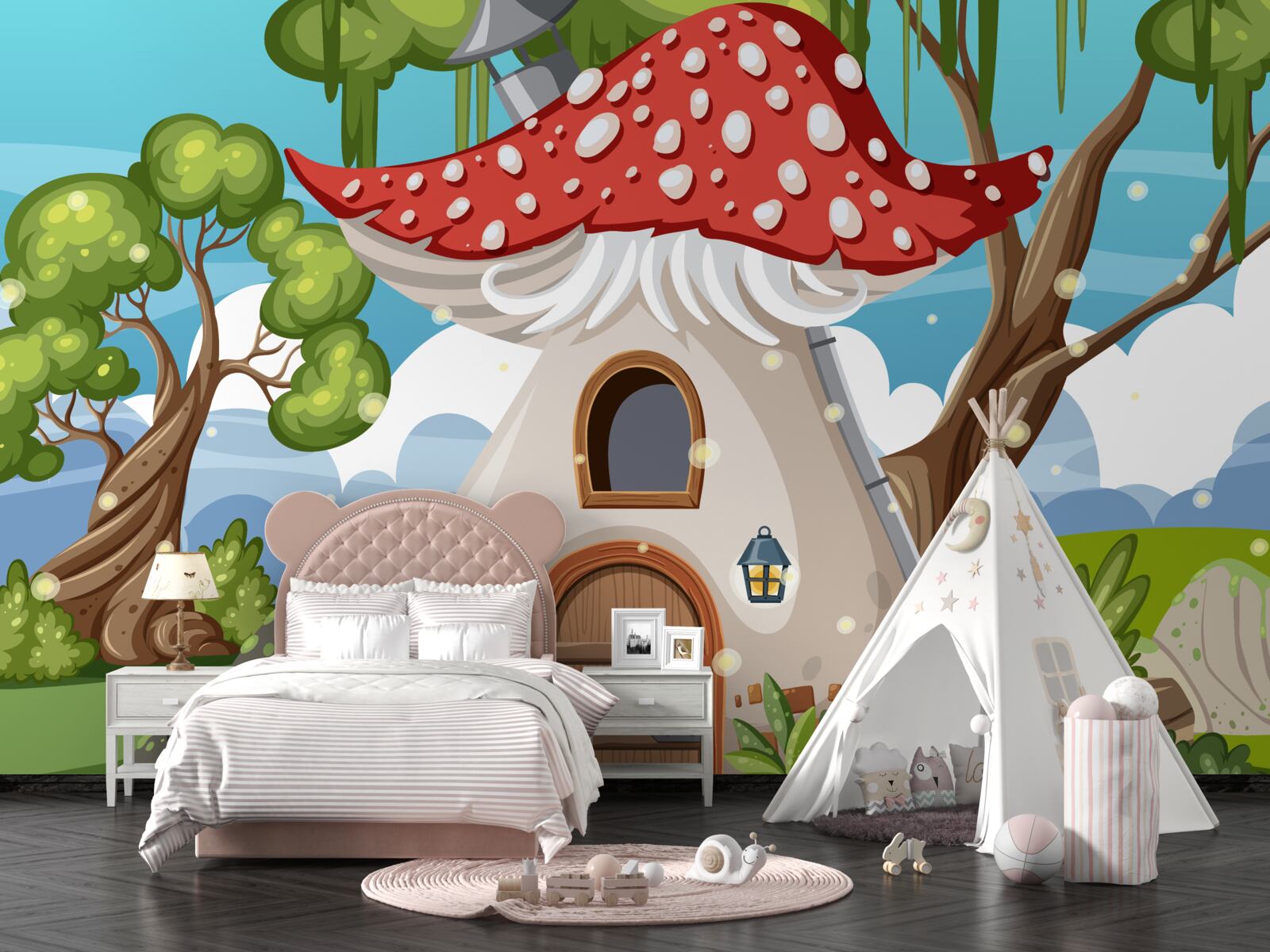 Papier peint charmante maison de champignons dans le désert
