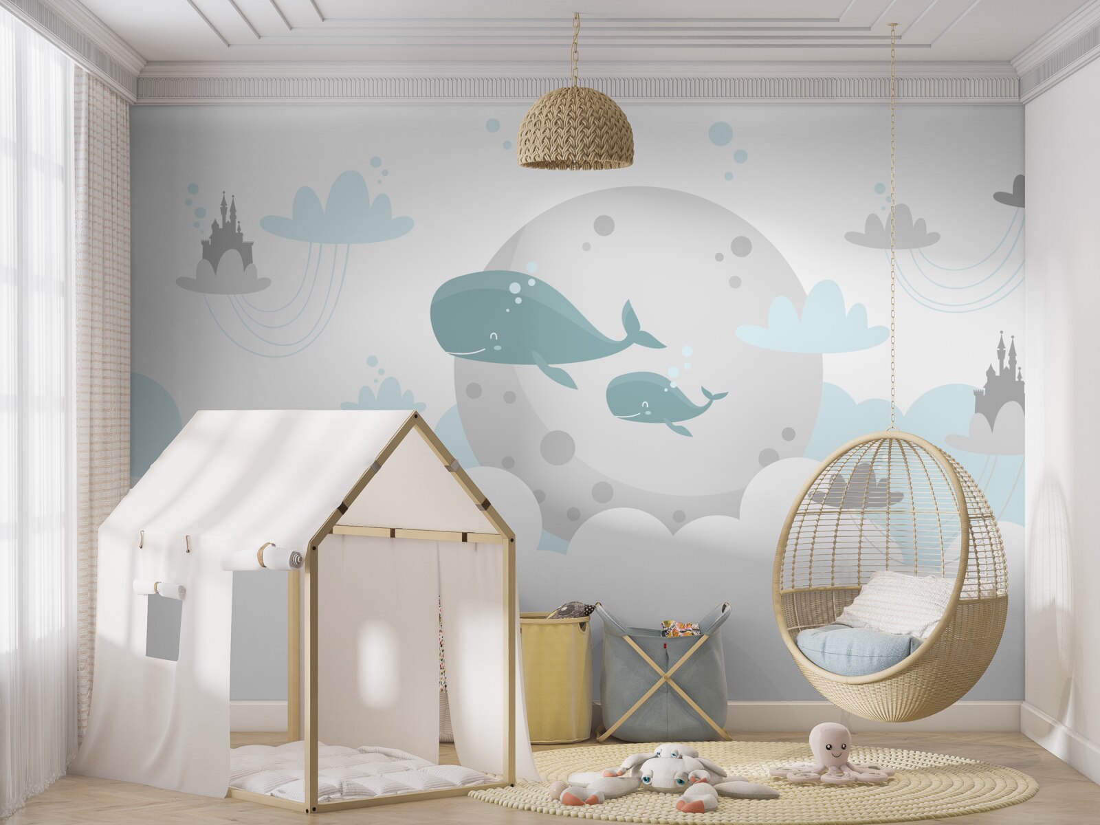 Papier peint une famille de baleines nage à travers les nuages