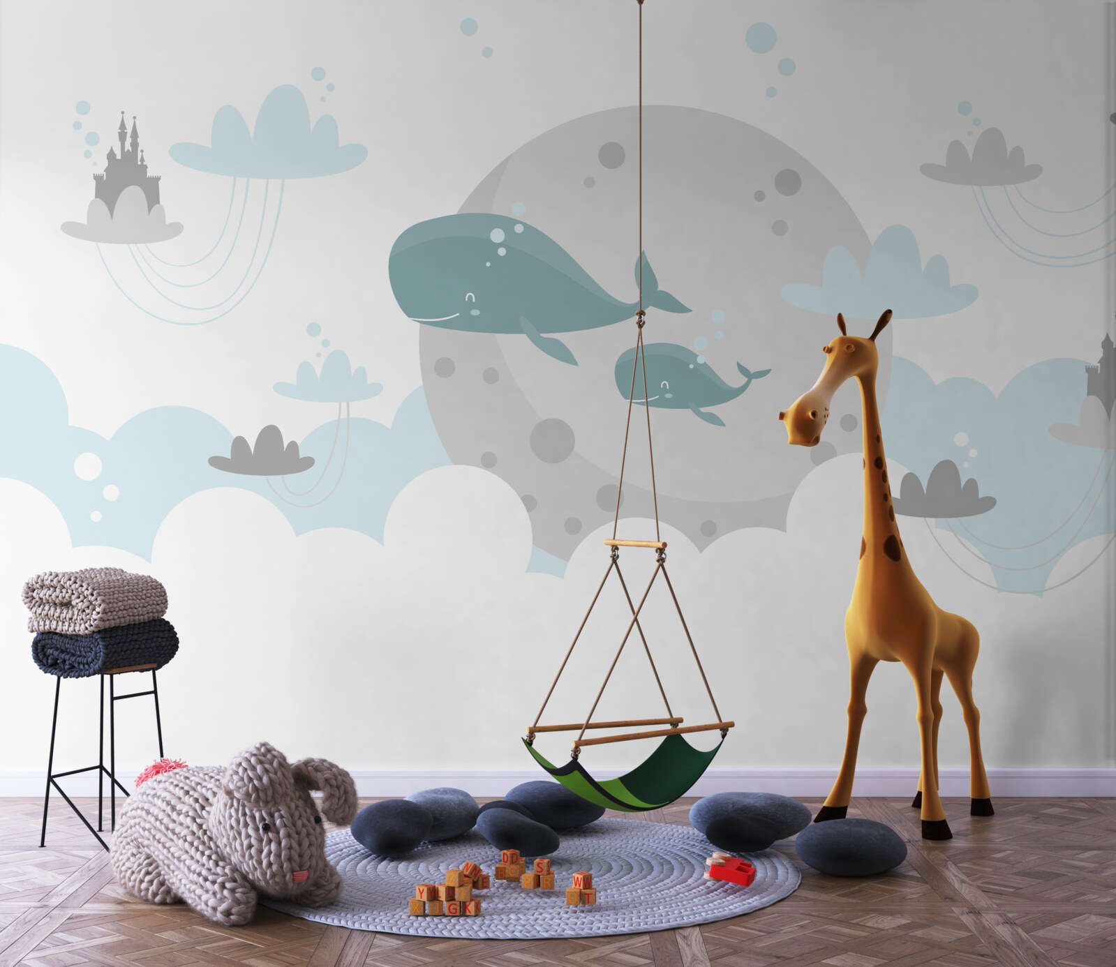 Papier peint une famille de baleines nage à travers les nuages