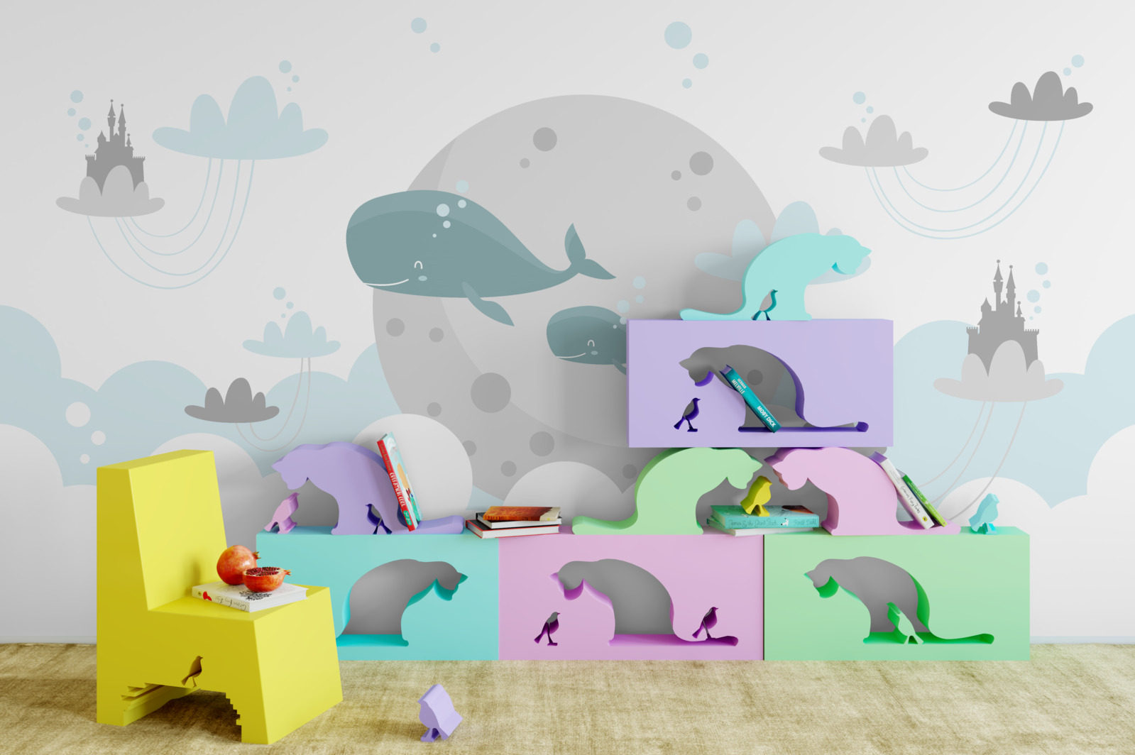 Papier peint une famille de baleines nage à travers les nuages