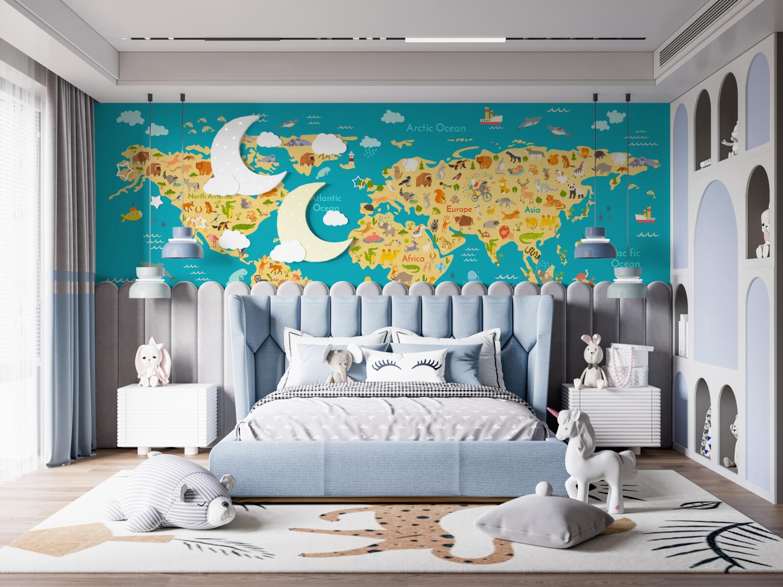 Papier peint carte du monde avec des photos de la faune et des habitants locaux