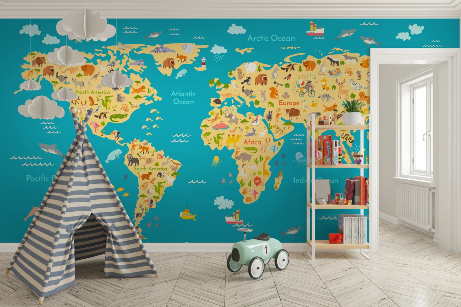 Papier peint carte du monde avec des photos de la faune et des habitants locaux