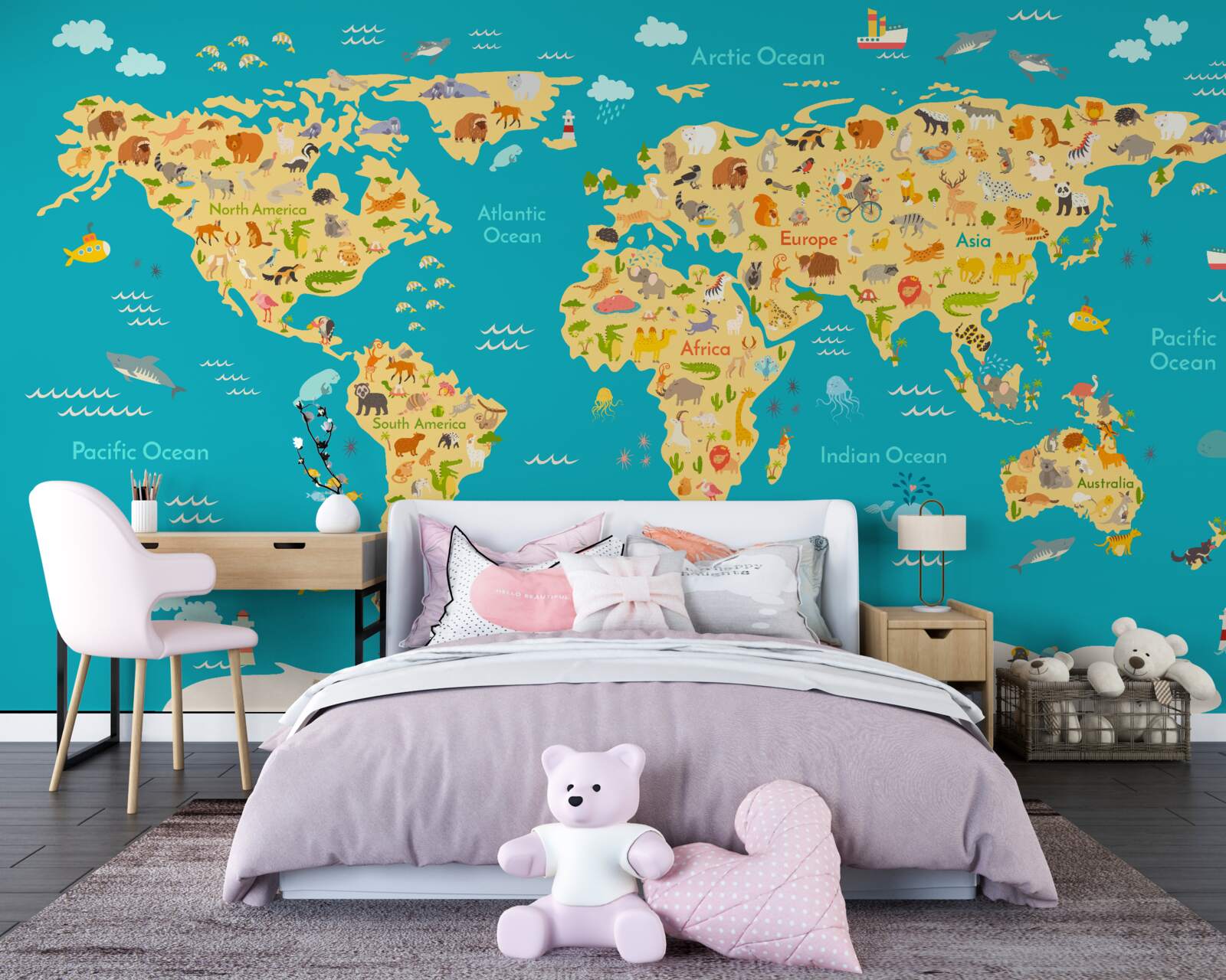 Papier peint carte du monde avec des photos de la faune et des habitants locaux