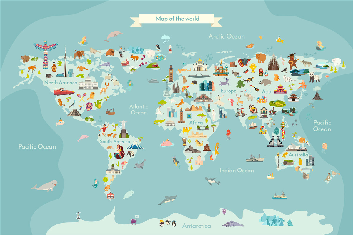 Papier peint carte du monde avec des points de repère marqués