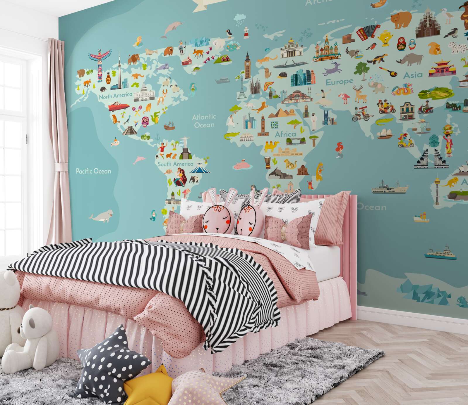 Papier peint carte du monde avec des points de repère marqués