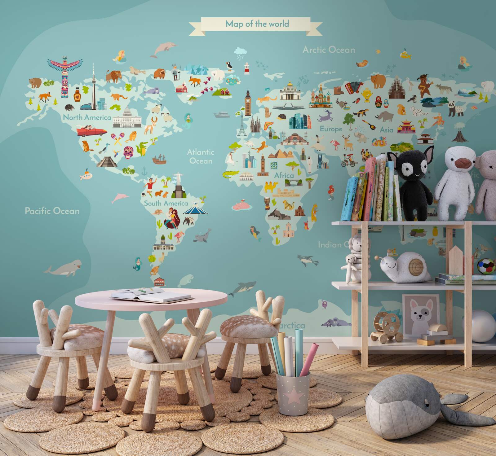 Papier peint carte du monde avec des points de repère marqués