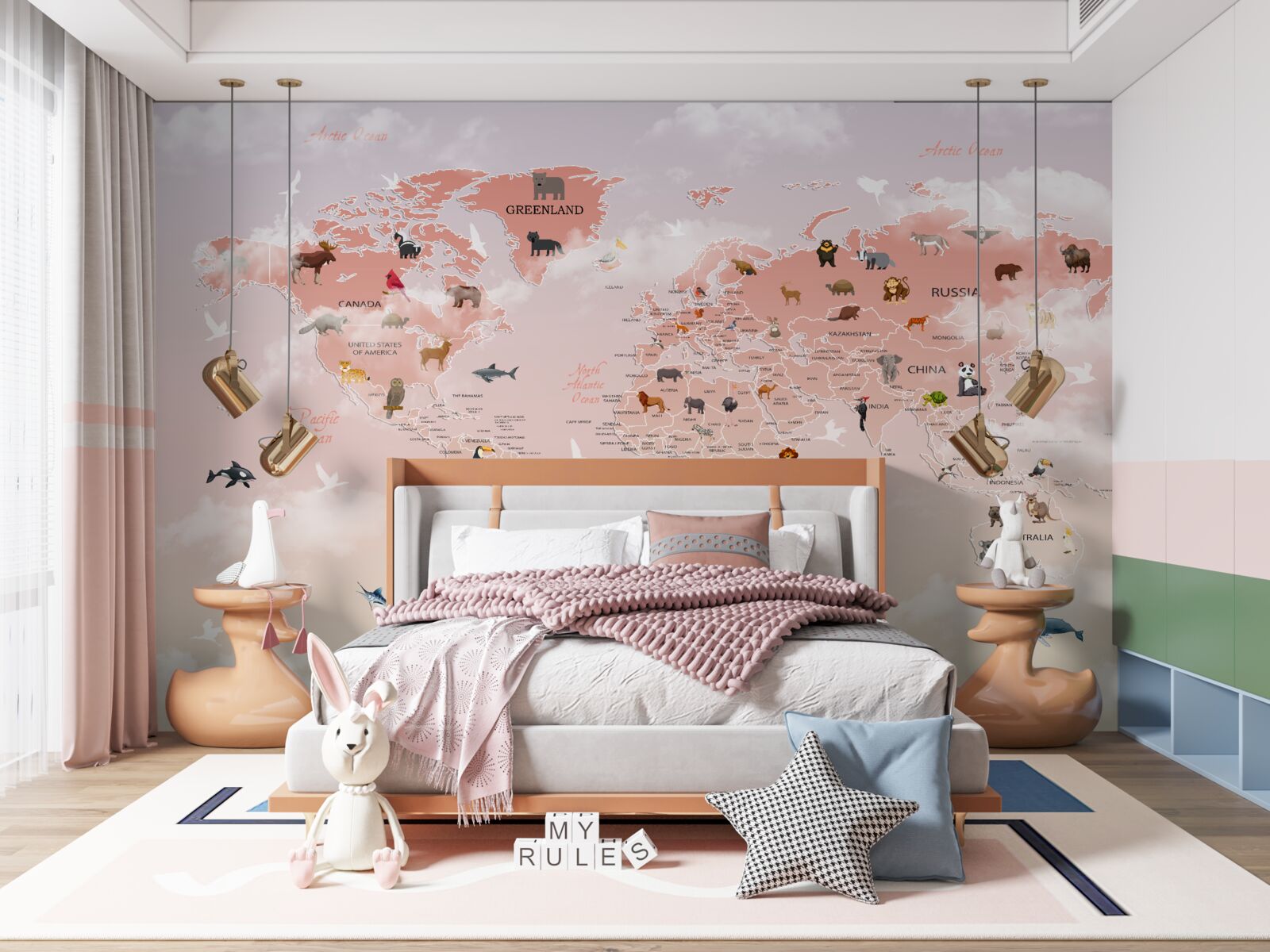 Papier peint carte du monde rose avec images et noms d'animaux