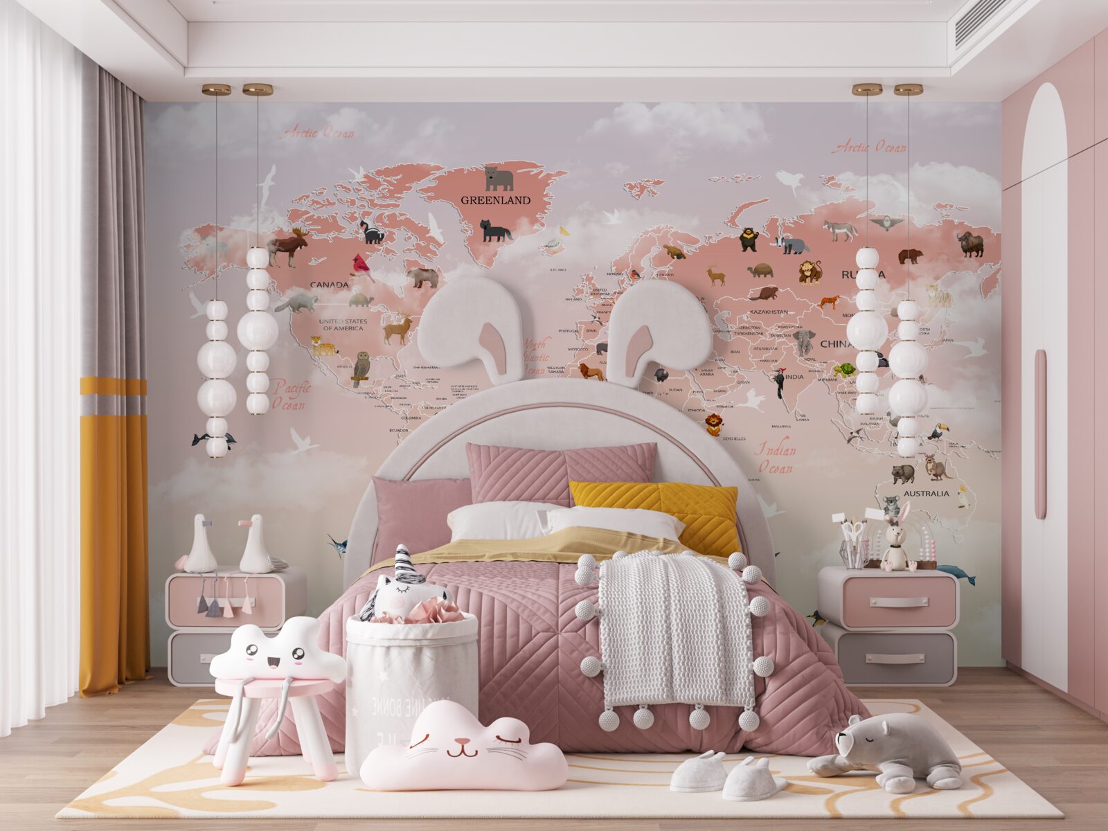 Papier peint carte du monde rose avec images et noms d'animaux