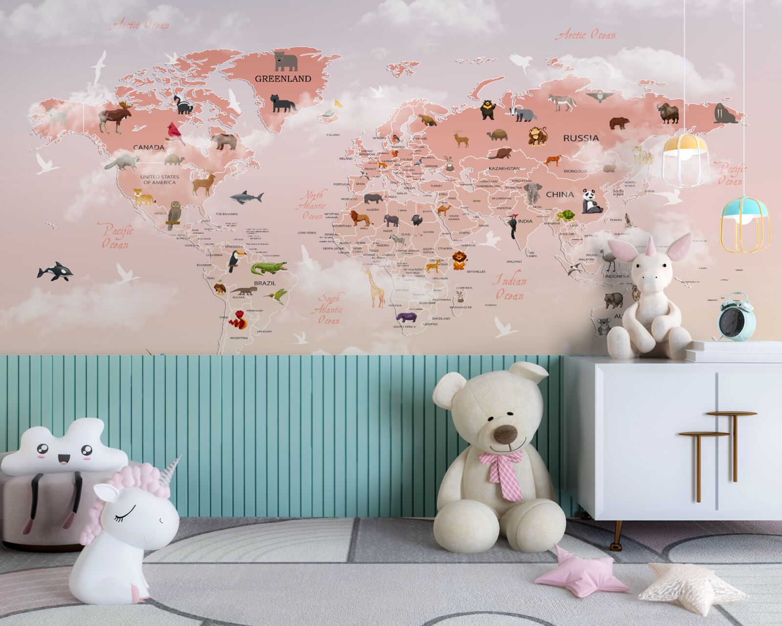 Papier peint carte du monde rose avec images et noms d'animaux