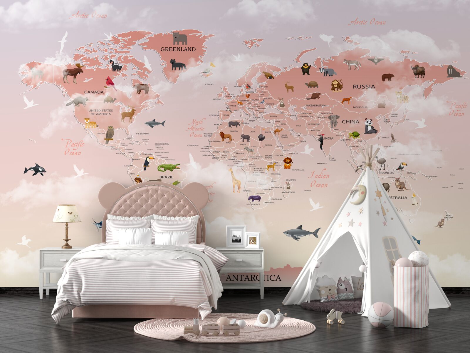 Papier peint carte du monde rose avec images et noms d'animaux