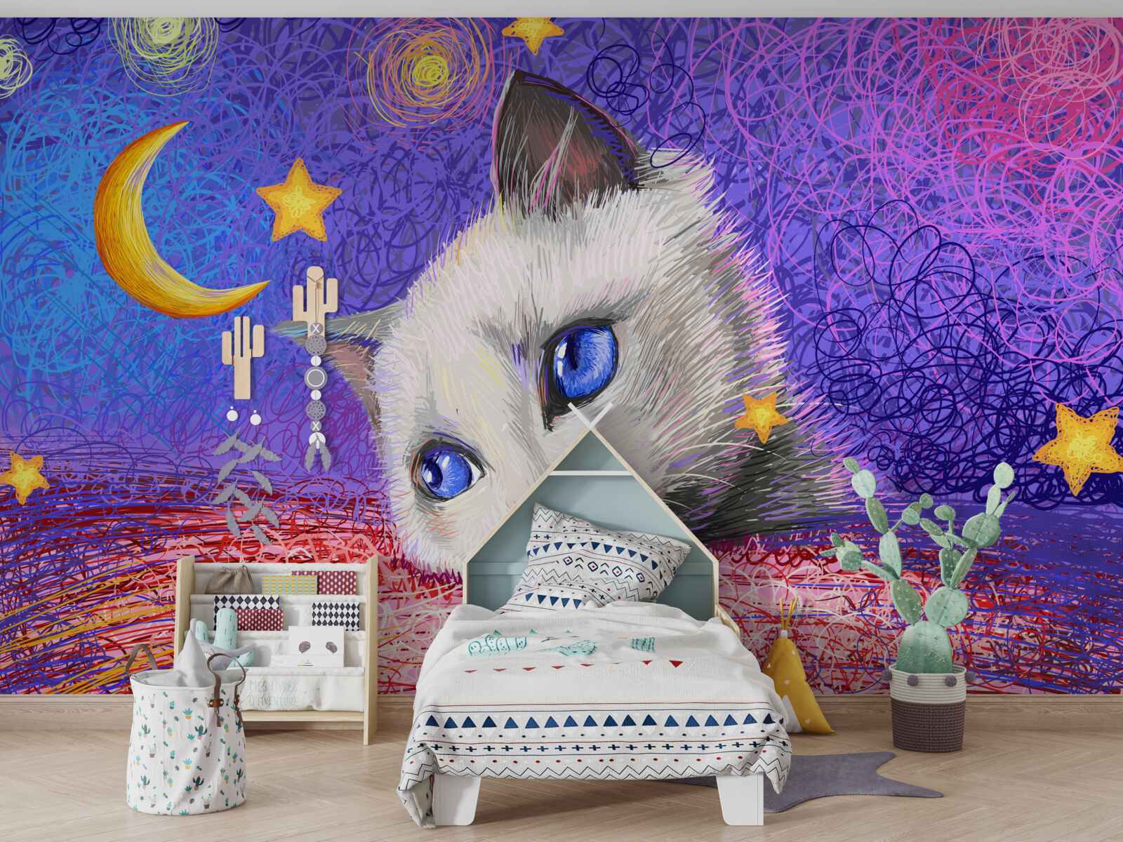 Papier peint un chat mignon regarde la lune