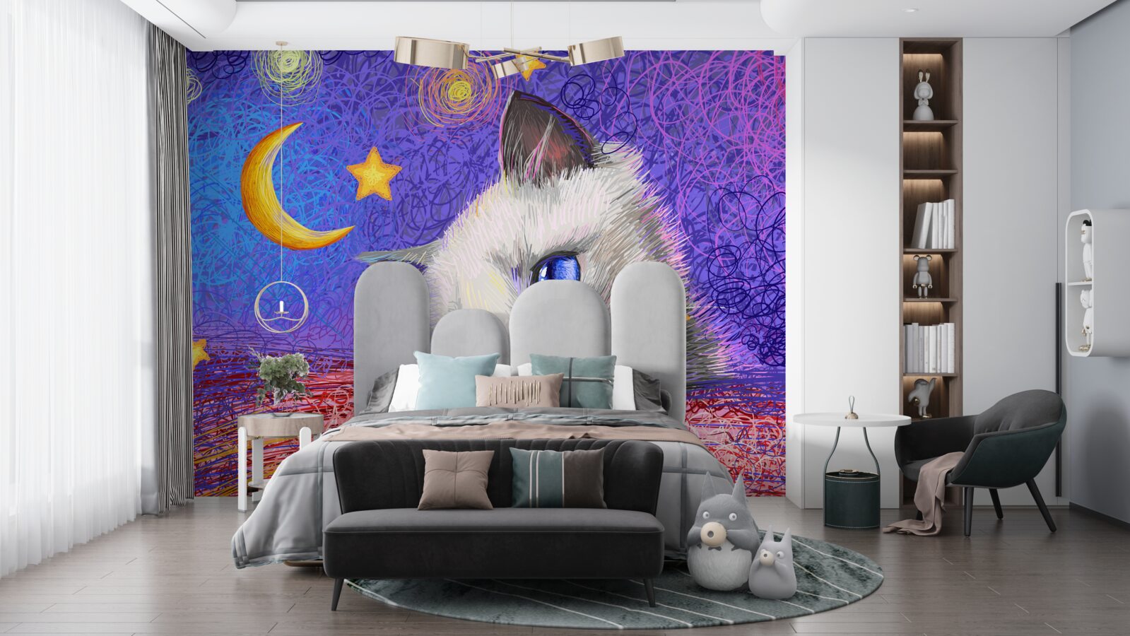 Papier peint un chat mignon regarde la lune
