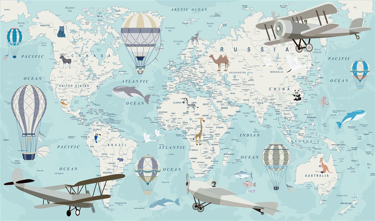 Papier peint carte du monde détaillée avec des ballons et des avions