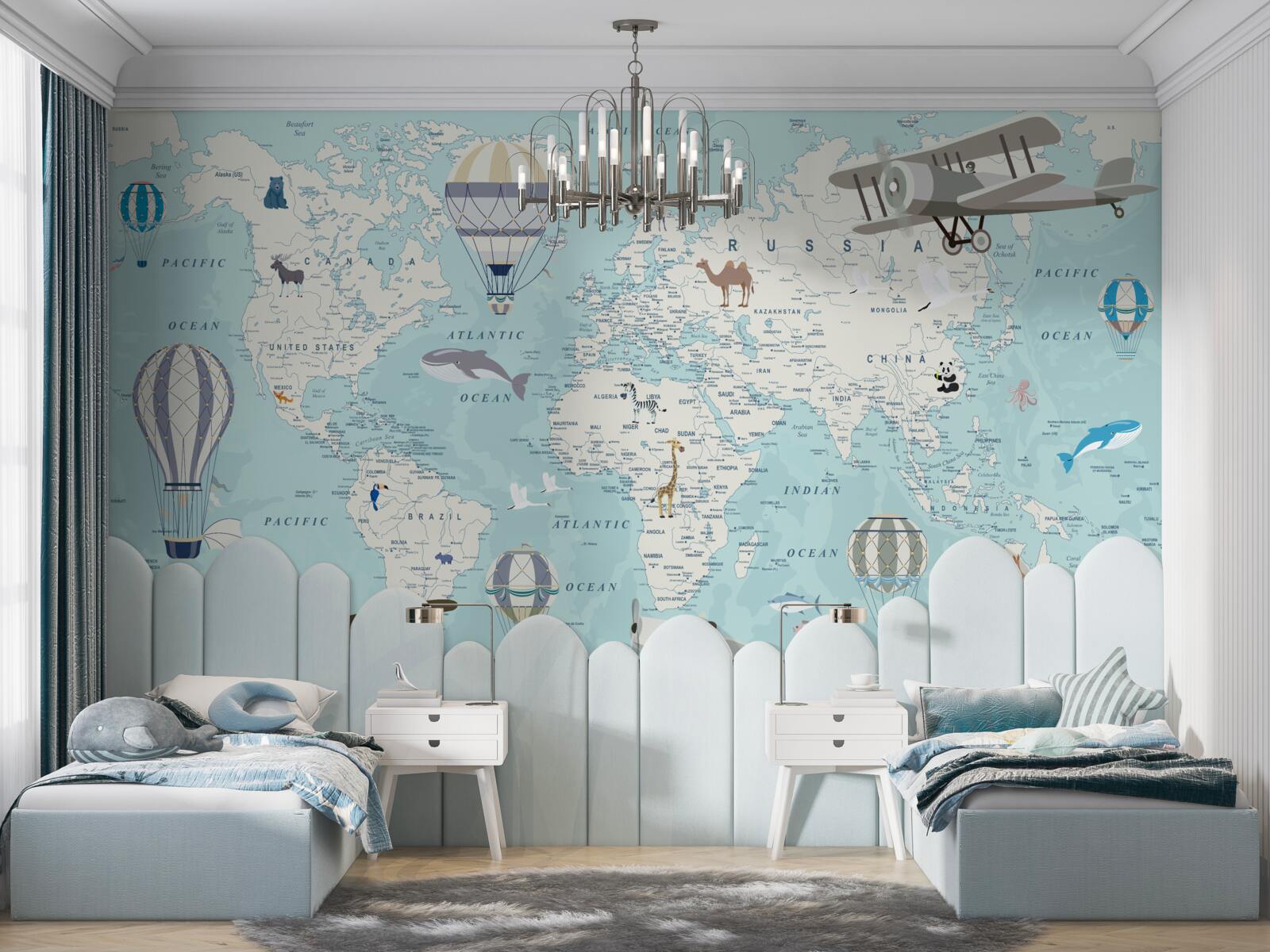 Papier peint carte du monde détaillée avec des ballons et des avions