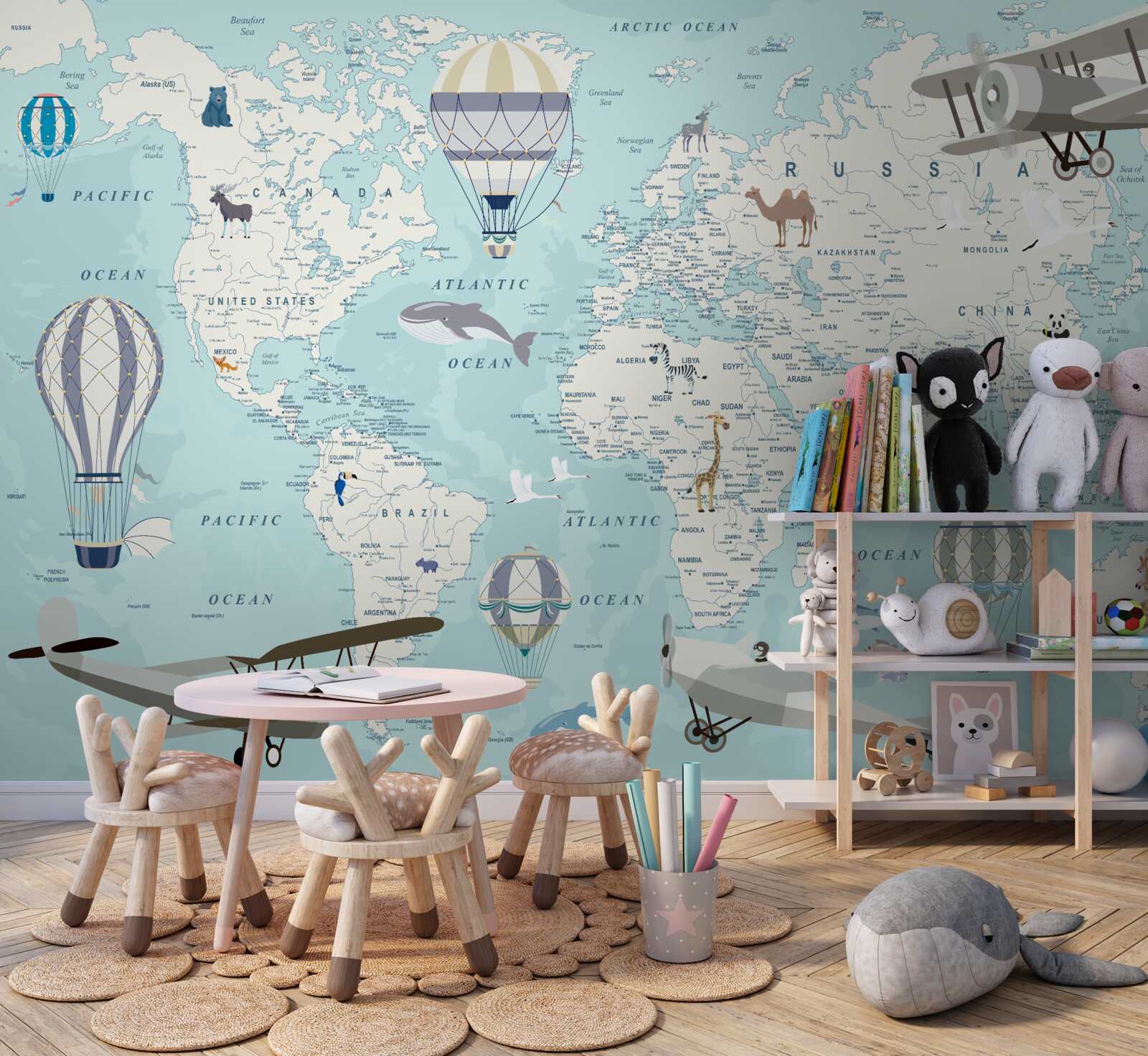 Papier peint carte du monde détaillée avec des ballons et des avions