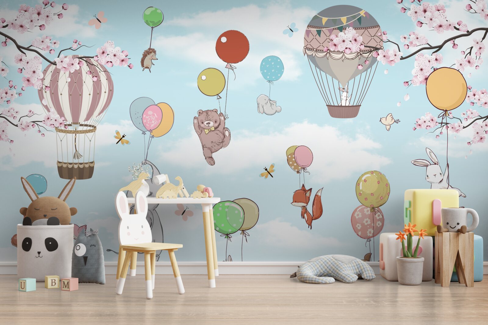 Papier peint voyager en montgolfière avec des images d'animaux