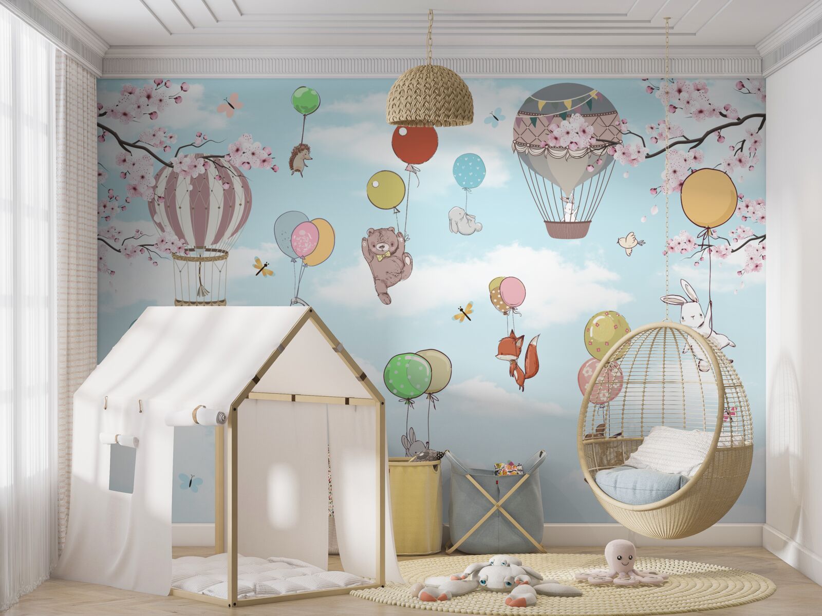 Papier peint voyager en montgolfière avec des images d'animaux