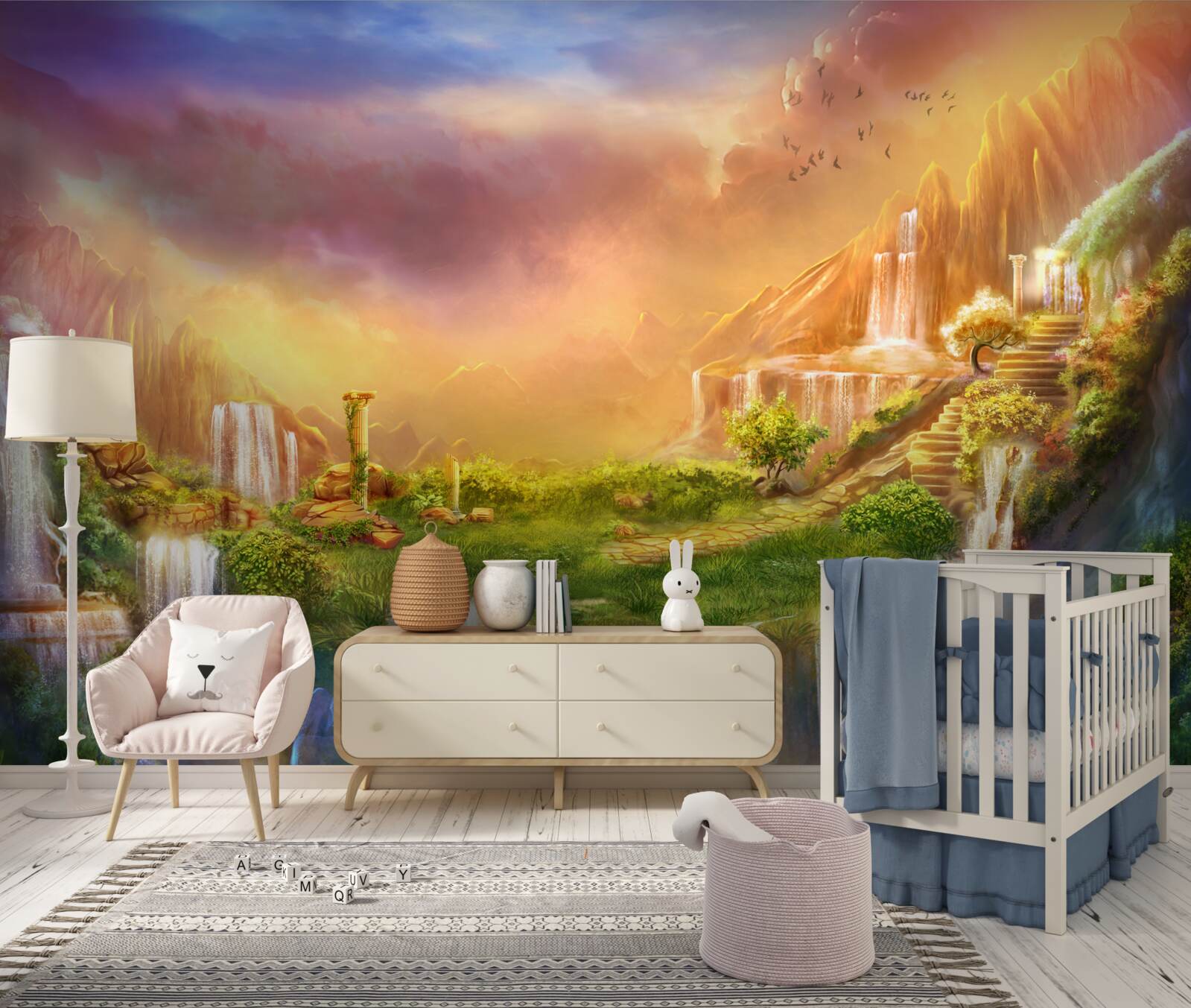 Papier peint paysage magique avec des chutes d'eau en cascade