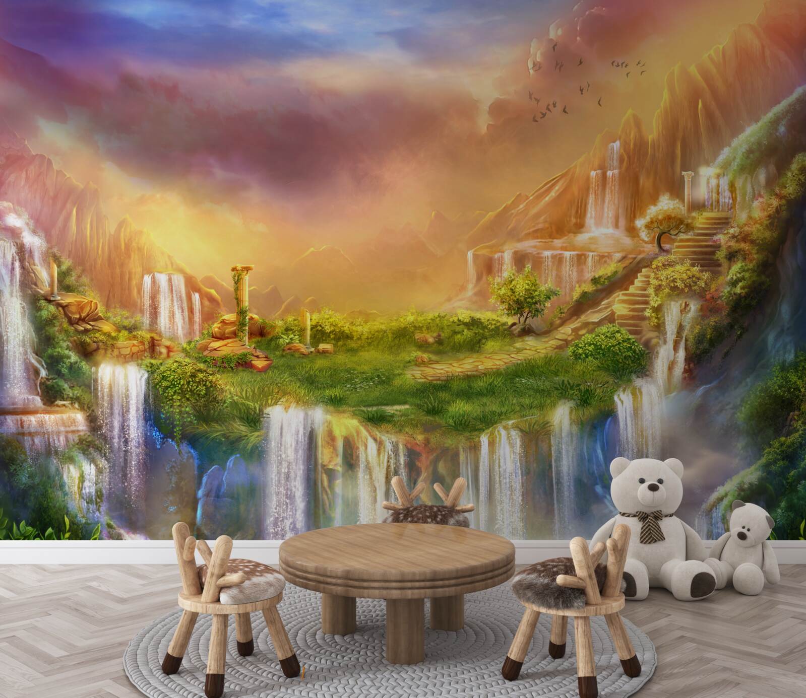 Papier peint paysage magique avec des chutes d'eau en cascade