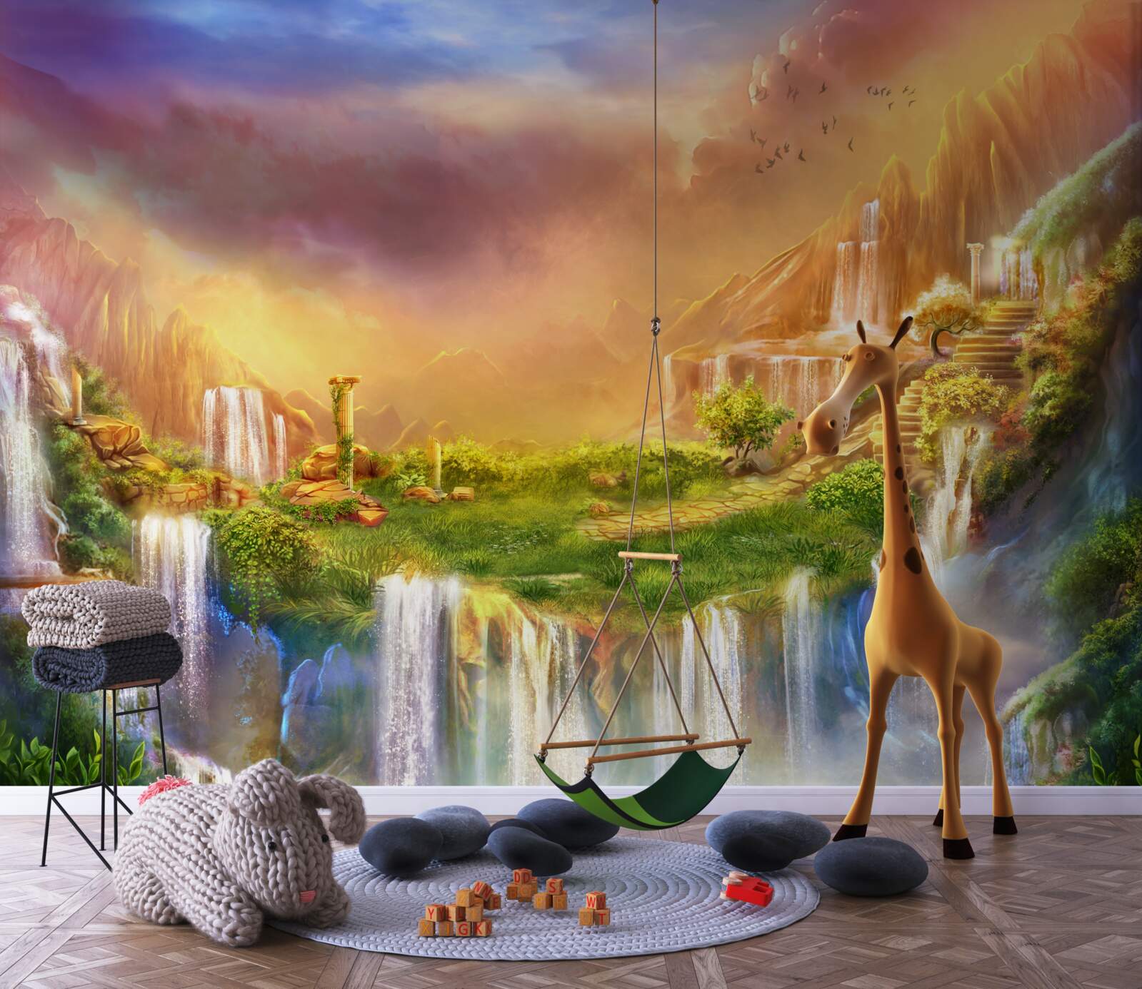 Papier peint paysage magique avec des chutes d'eau en cascade