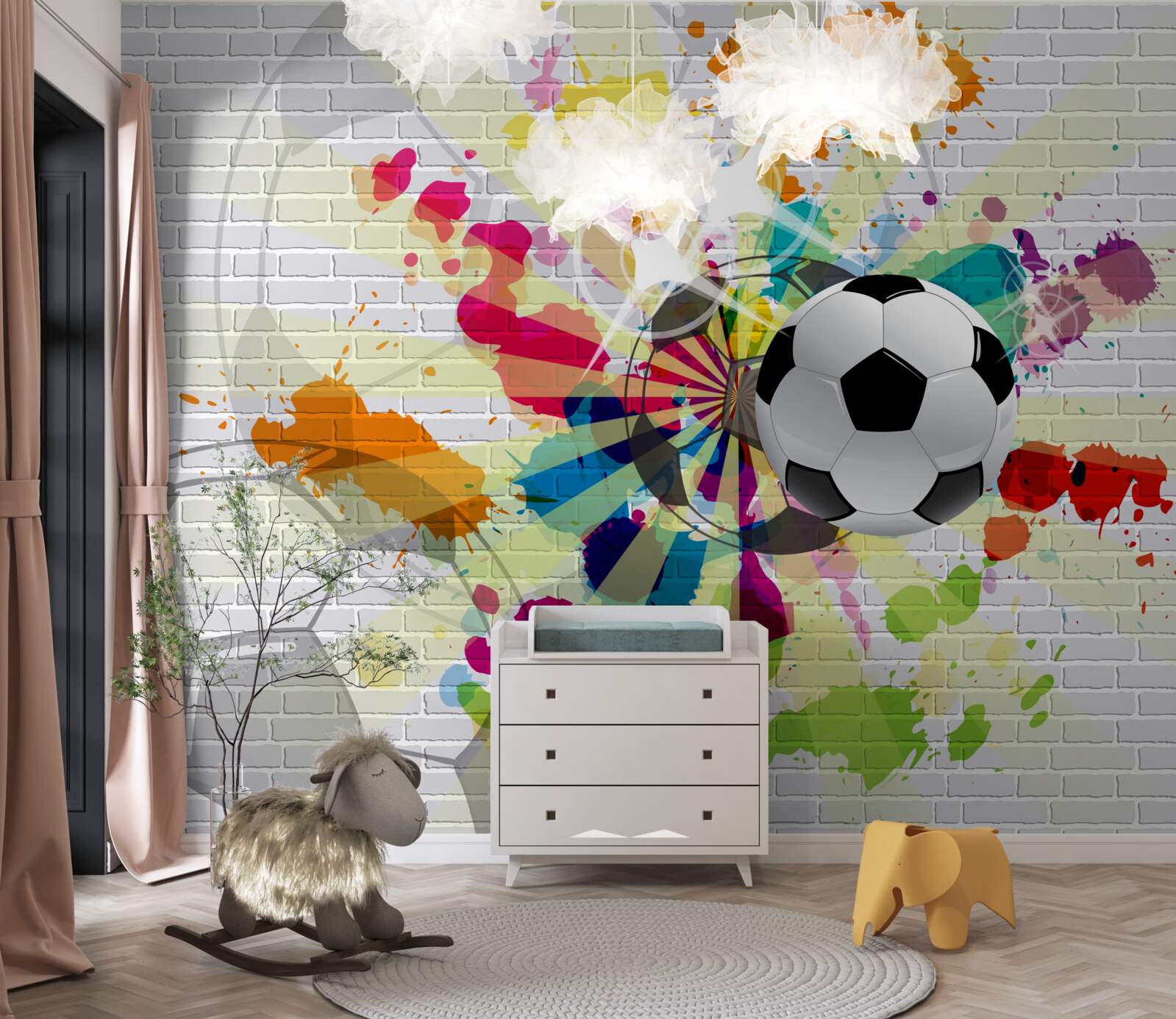 Papier peint une photo d'un ballon de football en fleurs est accrochée au mur