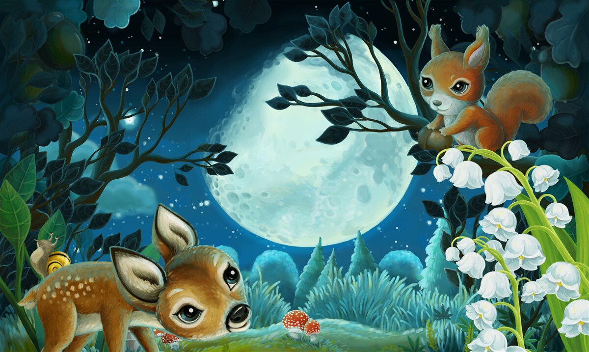 Papier peint Le cerf souhaite une bonne nuit à l'écureuil