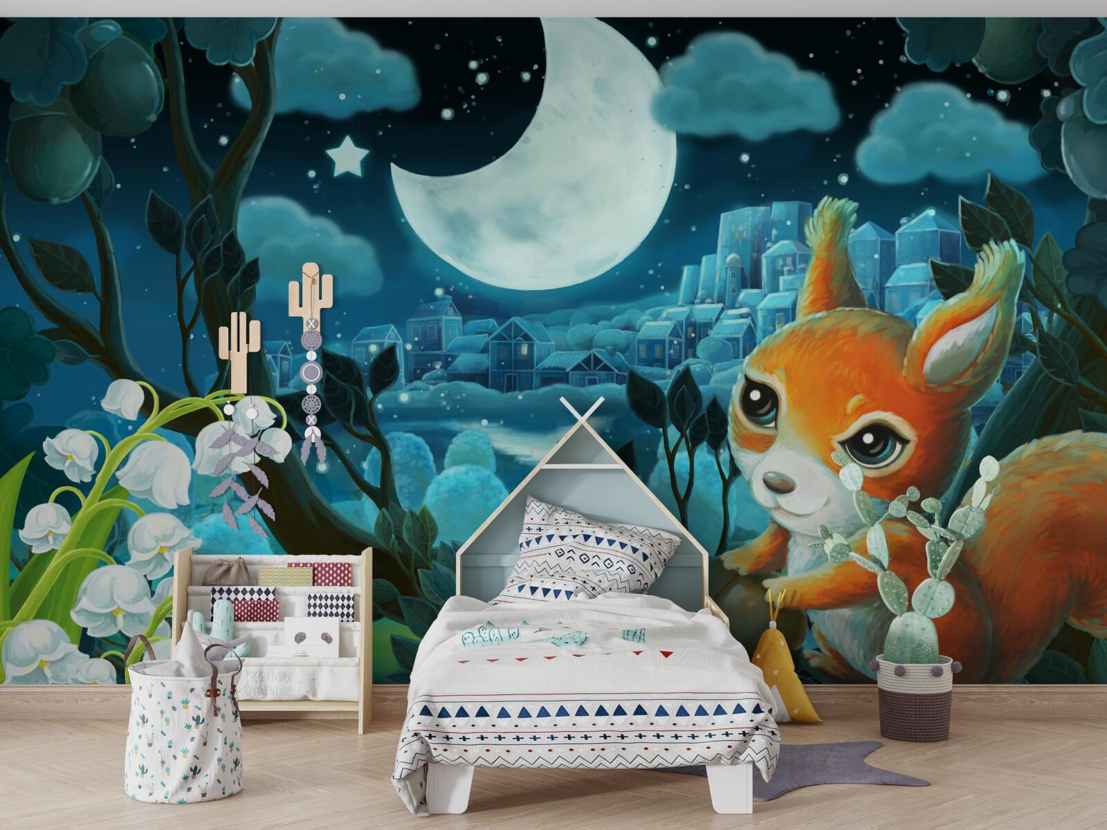 Papier peint l'écureuil admire la lune qui brille sur la ville